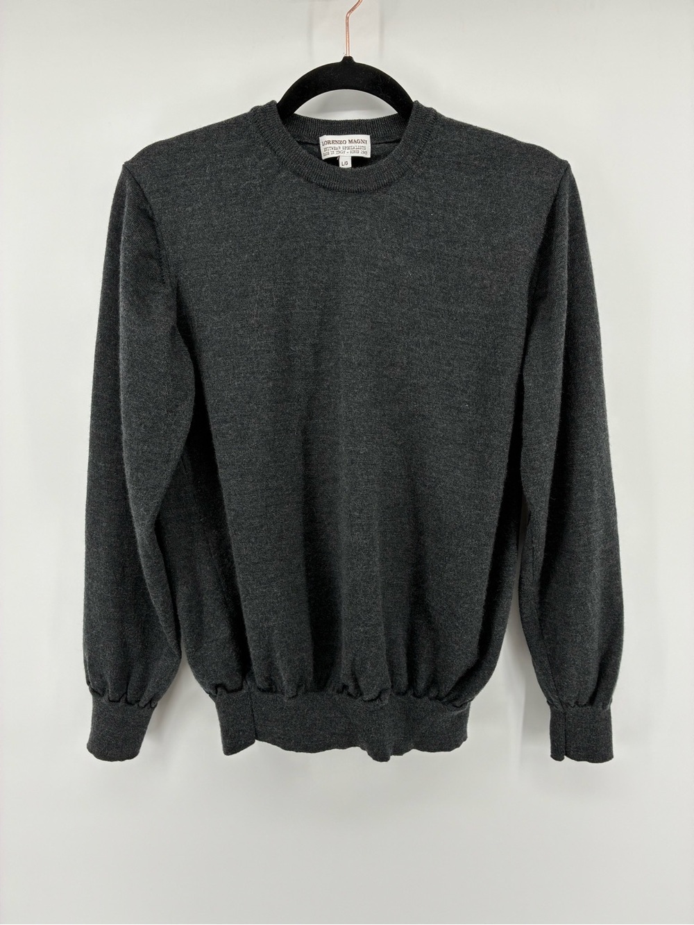 Lorenzo Magni 100% Wool Made in Italy Charcoal Grey Crewneck Knit Sweater Men's